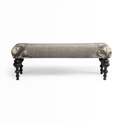 55" Gray And Black Floral Cotton Blend And Wood Upholstered Entryway Stool