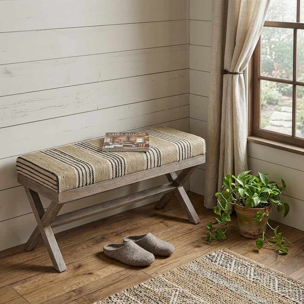 16" Beige And Brown Upholstered Cotton Blend Bench