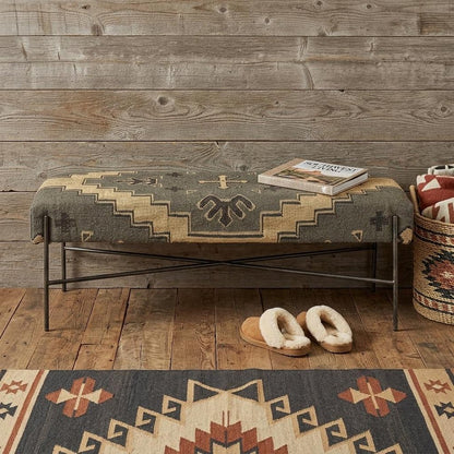 55" Brown Green And Black Abstract Cotton Blend And Iron Upholstered Entryway Stool