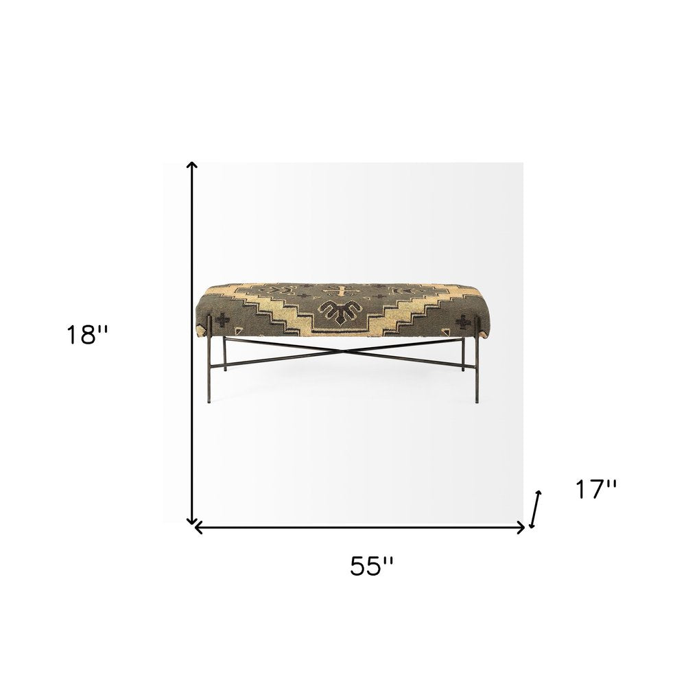 55" Brown Green And Black Abstract Cotton Blend And Iron Upholstered Entryway Stool