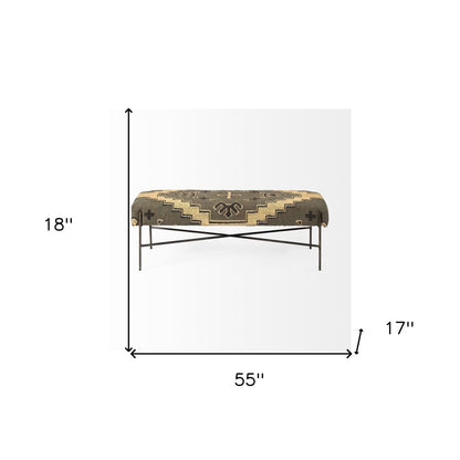 55" Brown Green And Black Abstract Cotton Blend And Iron Upholstered Entryway Stool