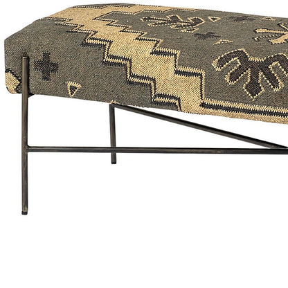 55" Brown Green And Black Abstract Cotton Blend And Iron Upholstered Entryway Stool
