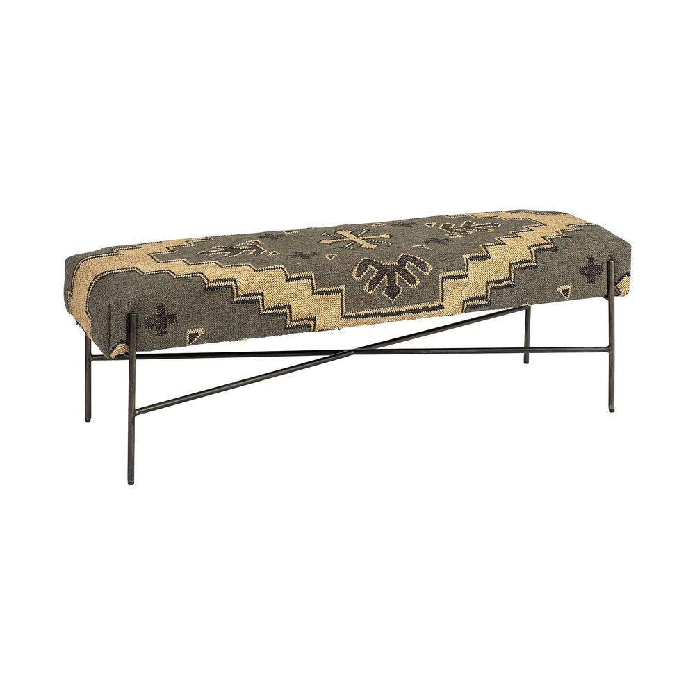 55" Green Brown and Black Upholstered Abstract Cotton Blend Bench