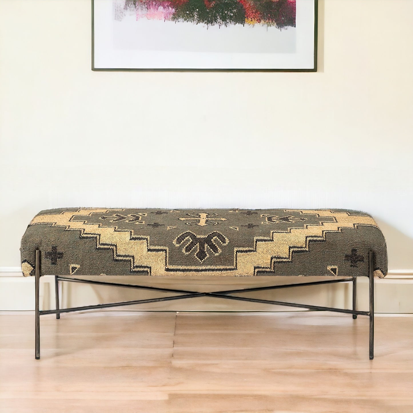 55" Green and Brown and Black Upholstered Cotton Blend Abstract Bench