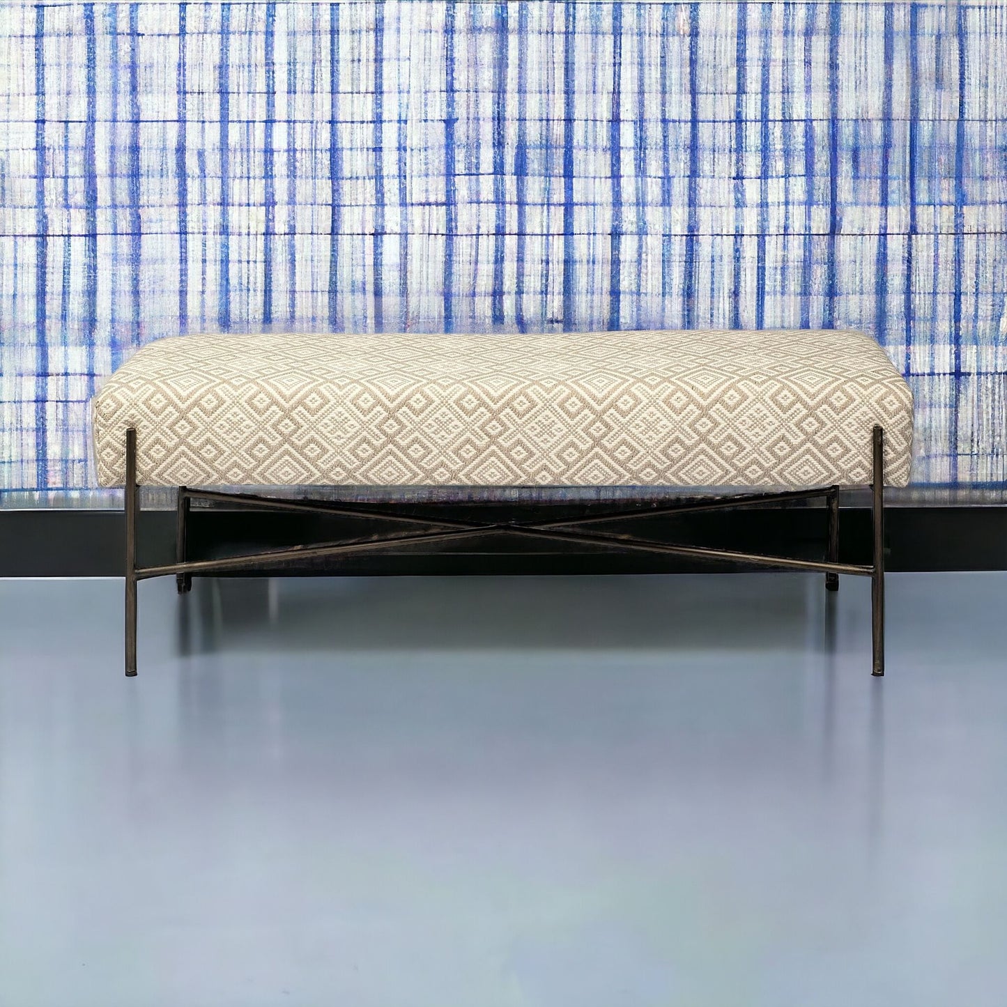 17" Cream and Black Upholstered Cotton Blend Geometric Bench