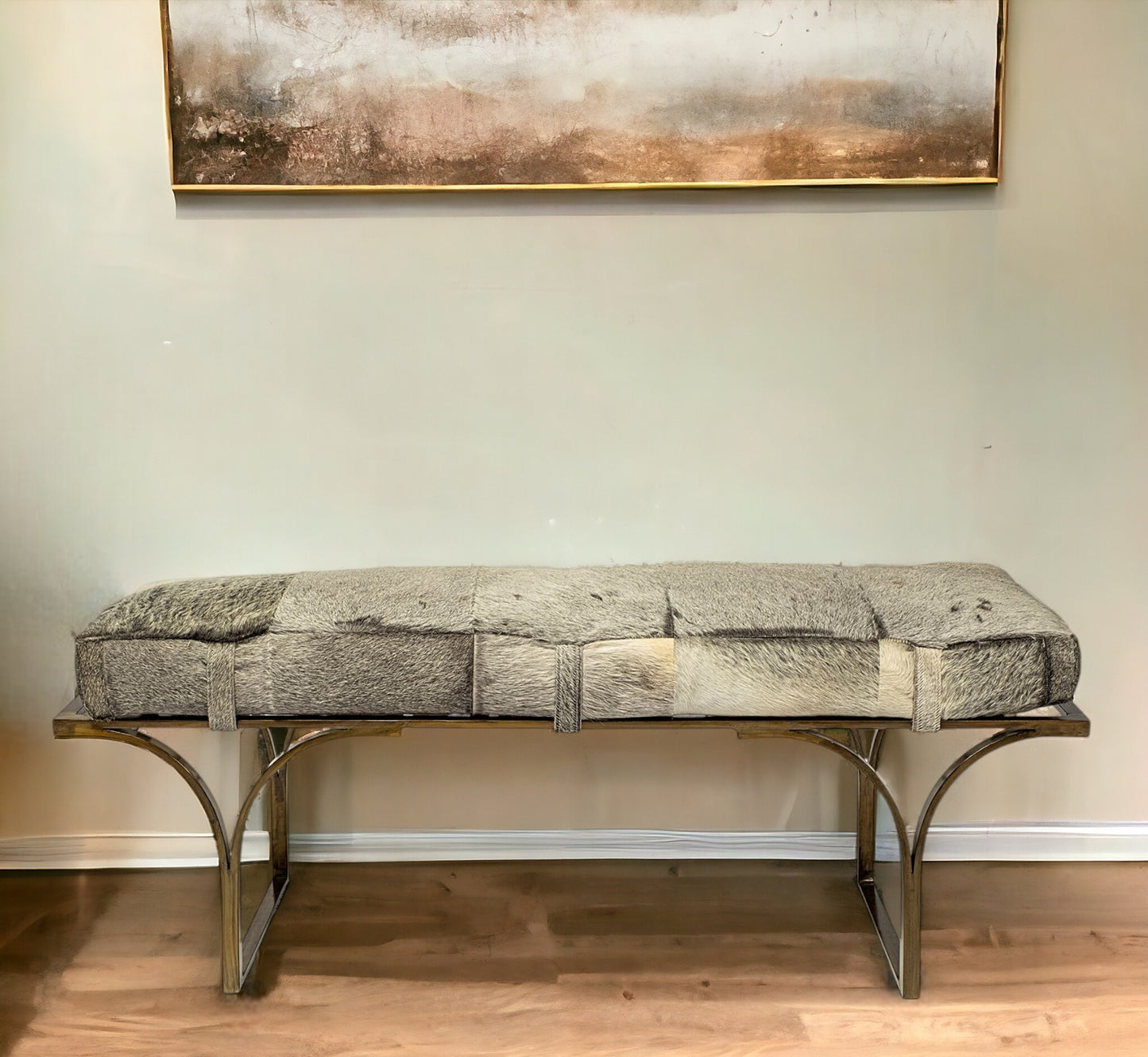 55" Gray and Antiqued Brass Upholstered Faux Fur Bench