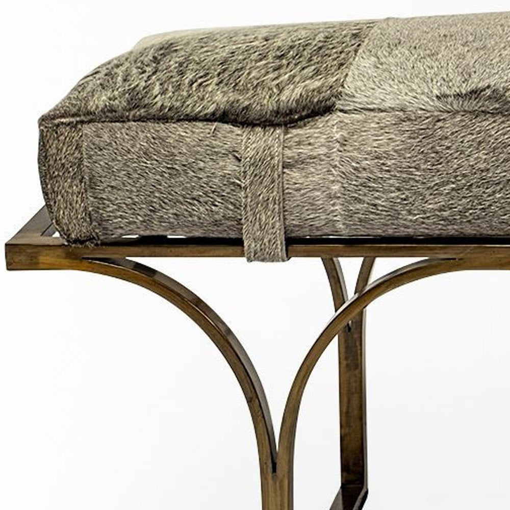 55" Gray And Antiqued Brass Faux Fur And Iron and Faux Fur Entryway Stool