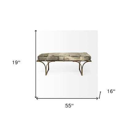 55" Gray and Antiqued Brass Upholstered Faux Fur Bench