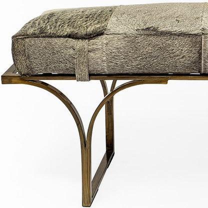 55" Gray And Antiqued Brass Faux Fur And Iron and Faux Fur Entryway Stool