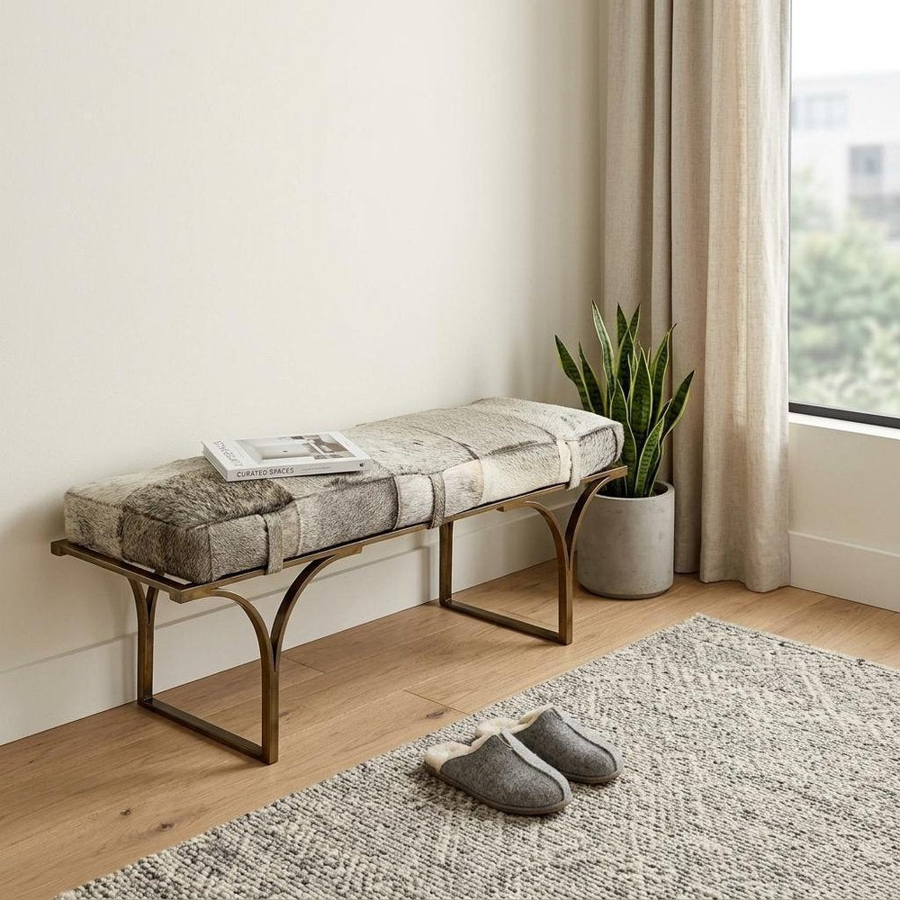 55" Gray and Antiqued Brass Faux Fur Upholstery Bench