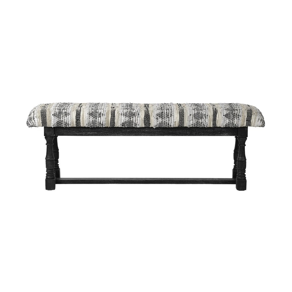15" Off White And Black Striped Faux Leather And Wood Upholstered Entryway Stool