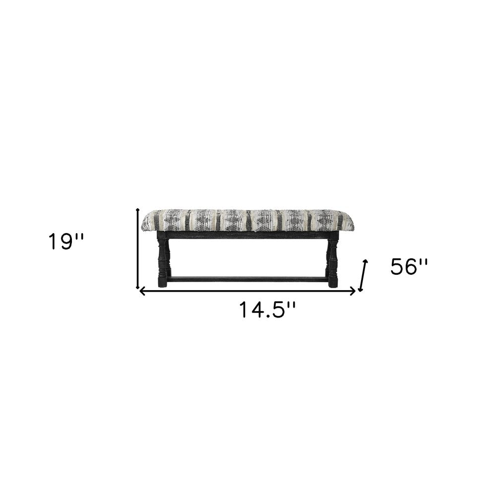 15" Off White And Black Striped Faux Leather And Wood Upholstered Entryway Stool