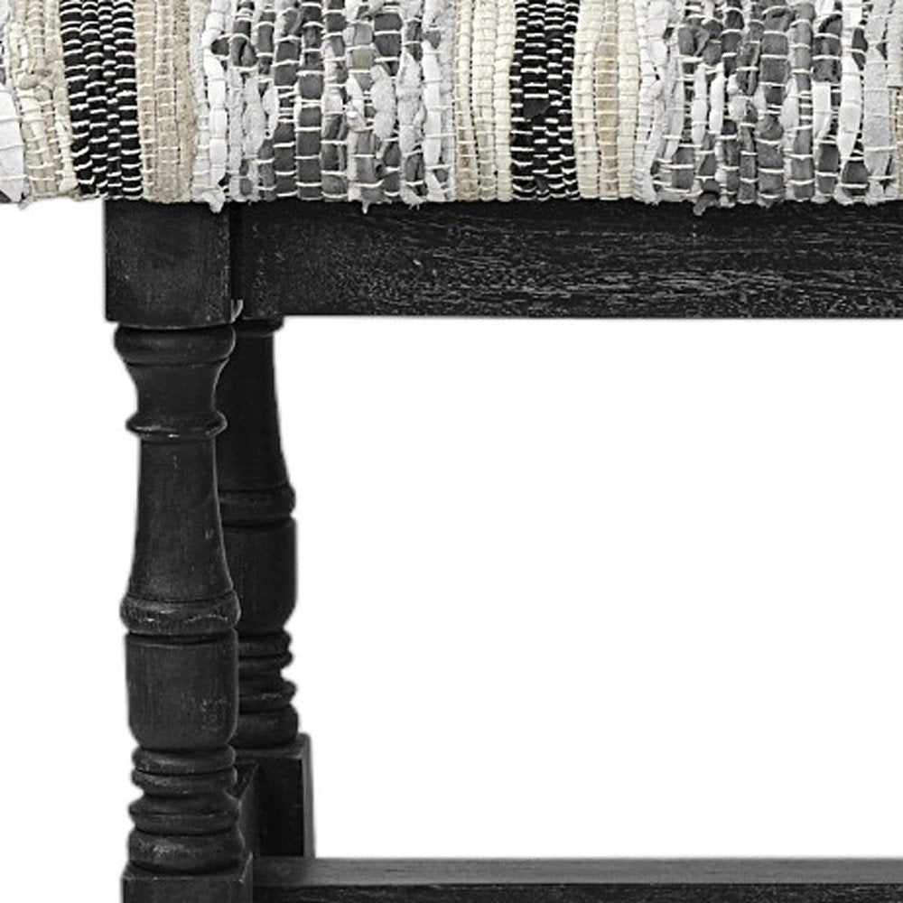 15" Off White And Black Striped Faux Leather And Wood Upholstered Entryway Stool