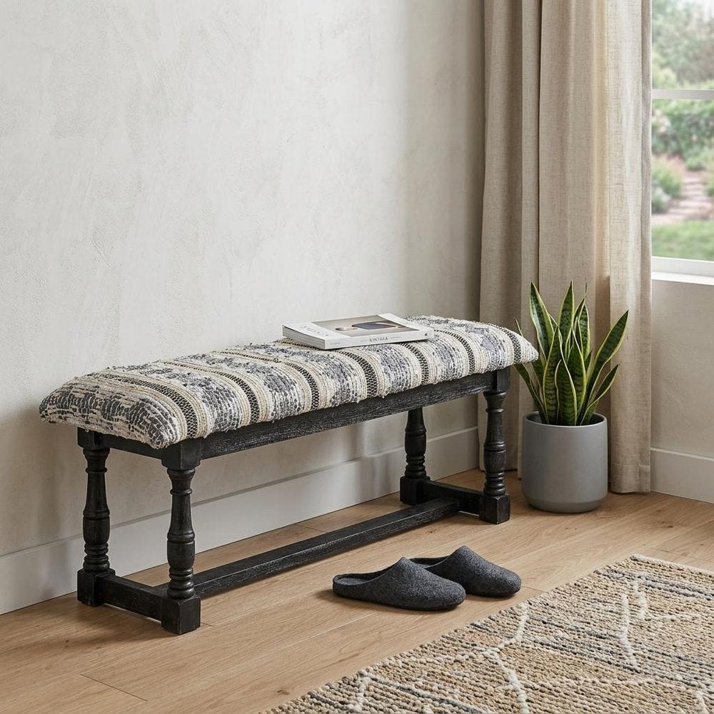 15" Off White And Black Striped Faux Leather And Wood Upholstered Entryway Stool