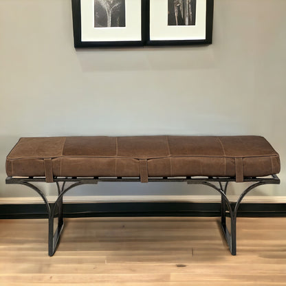 55" Brown and Black Upholstered Genuine Leather Bench