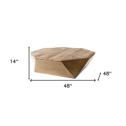 48" Natural Solid Wood Octagon Distressed Lift Top Abstract Coffee Table