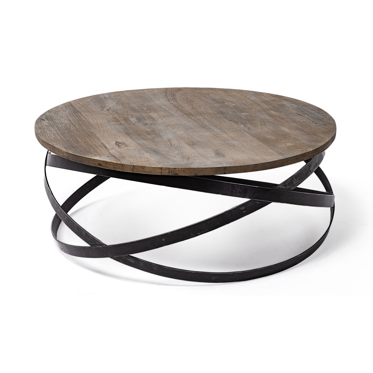 41" Brown And Black Solid Wood And Metal Round Coffee Table