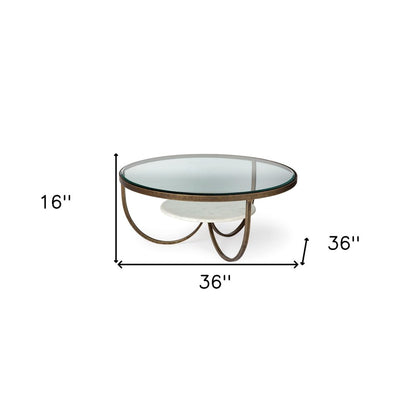 36" Brown and Gold Wood and Metal Round Coffee Table With Shelf