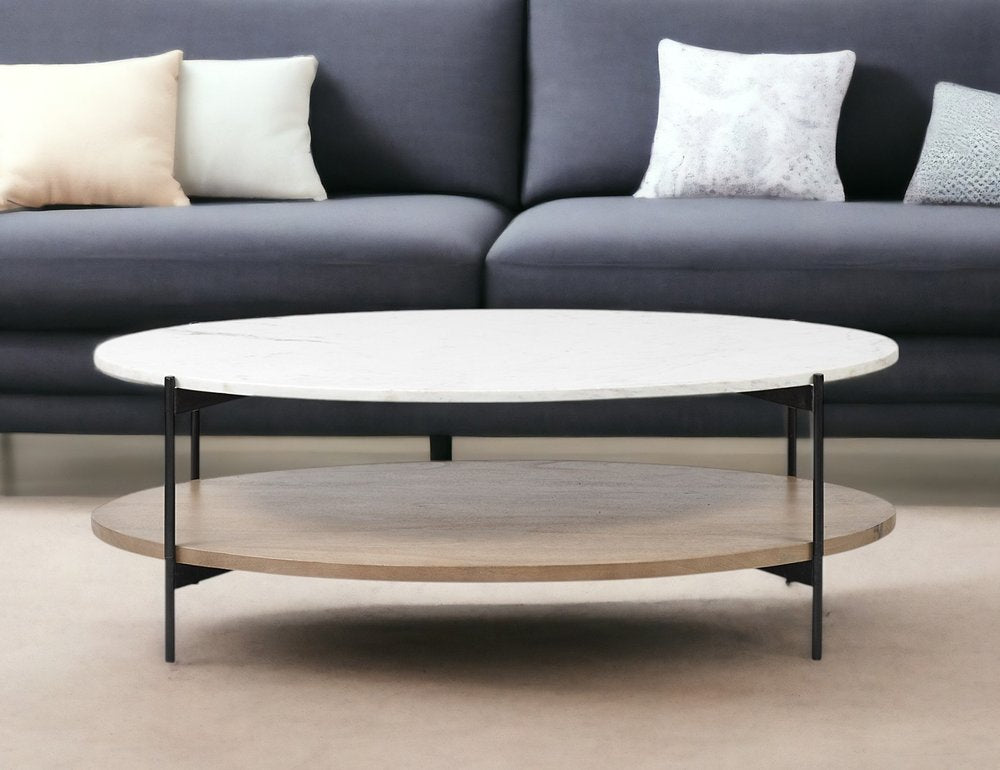 48" Brown and Black Genuine Marble and Metal Oval Coffee Table With Shelf