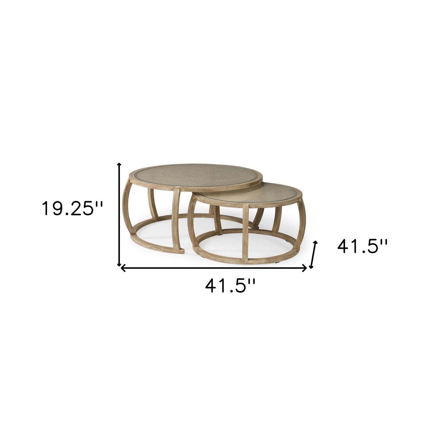 S2 41.5" Round Woven Cane Glass Top And Solid Wood Coffee Tables