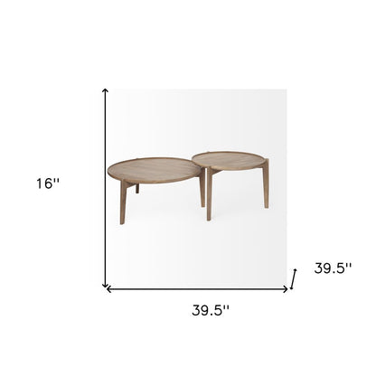 Set of Two Brown Solid Wood Round Nested Coffee Tables