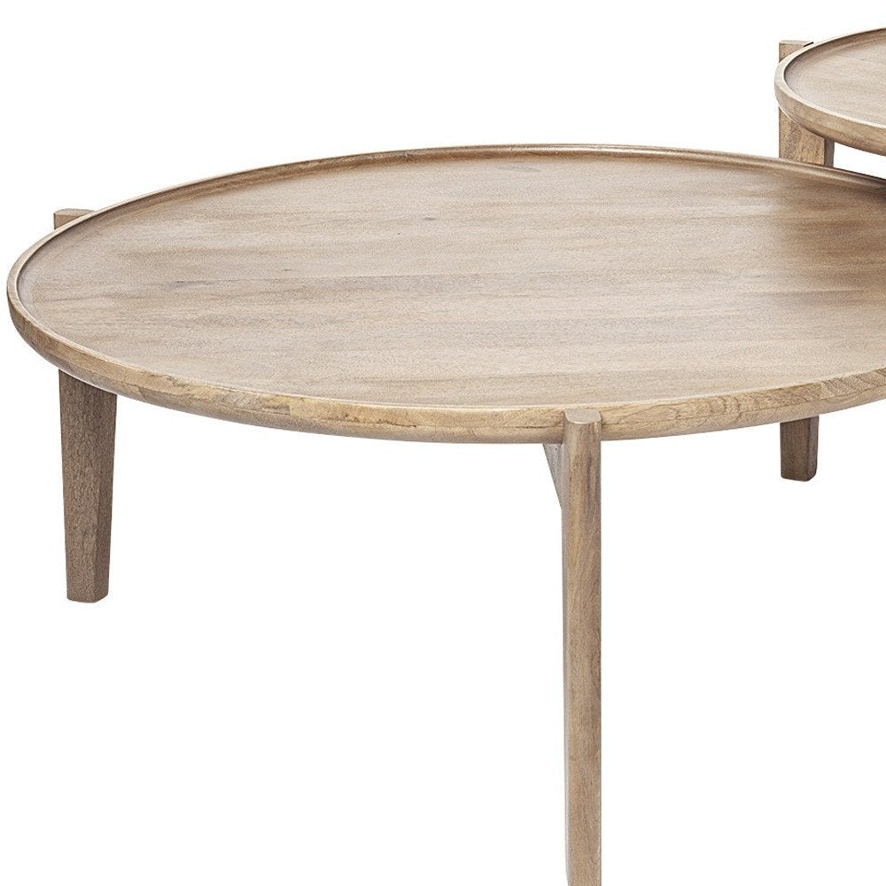 Set of Two Brown Solid Wood Round Nested Coffee Tables