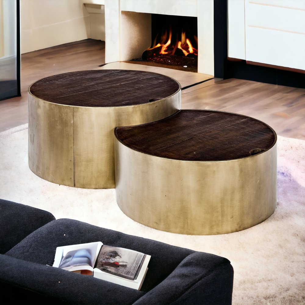 Brown Wood Round Nested Coffee Tables