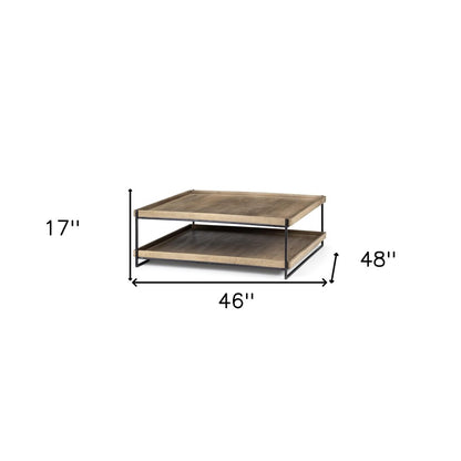 46" Natural and Black Solid Wood and Metal Coffee Table With Shelf