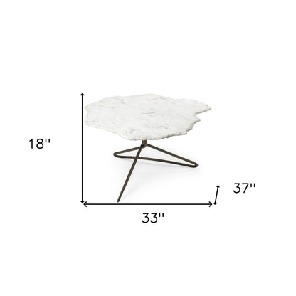 33" White and Gold Genuine Marble and Iron Free Form Coffee Table