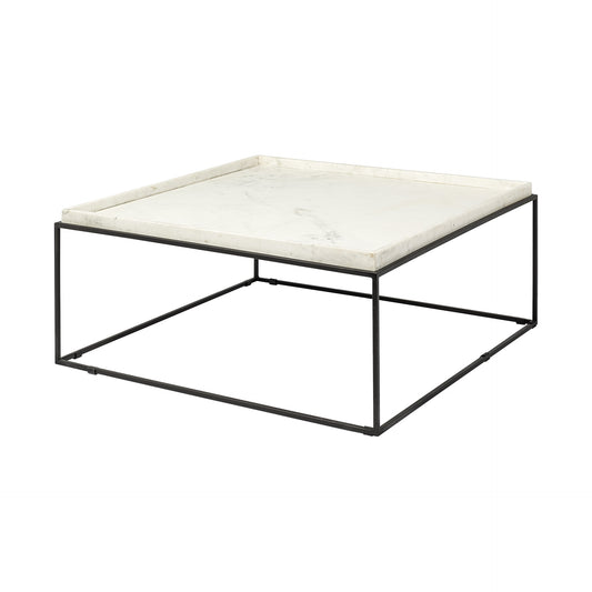 36" White And Black Genuine Marble And Metal Square Coffee Table