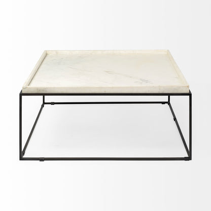 36" White And Black Genuine Marble And Metal Square Coffee Table