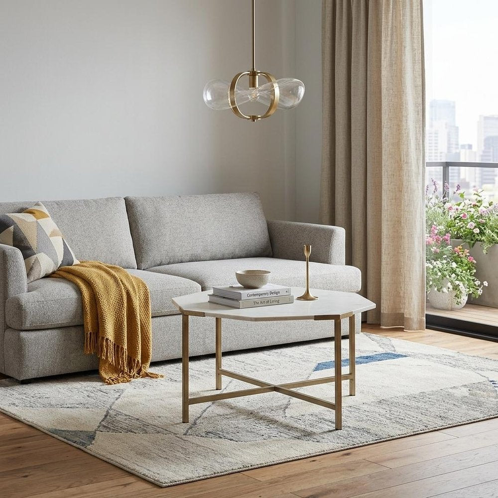 33" White and Gold Genuine Marble and Metal Octagon Coffee Table