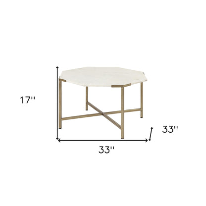 33" White And Gold Genuine Marble And Metal Hexagon Coffee Table