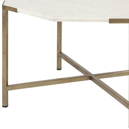 33" White and Gold Genuine Marble and Metal Octagon Coffee Table