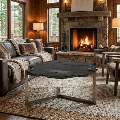 40" Black and Gold Stone and Iron Free Form Distressed Coffee Table