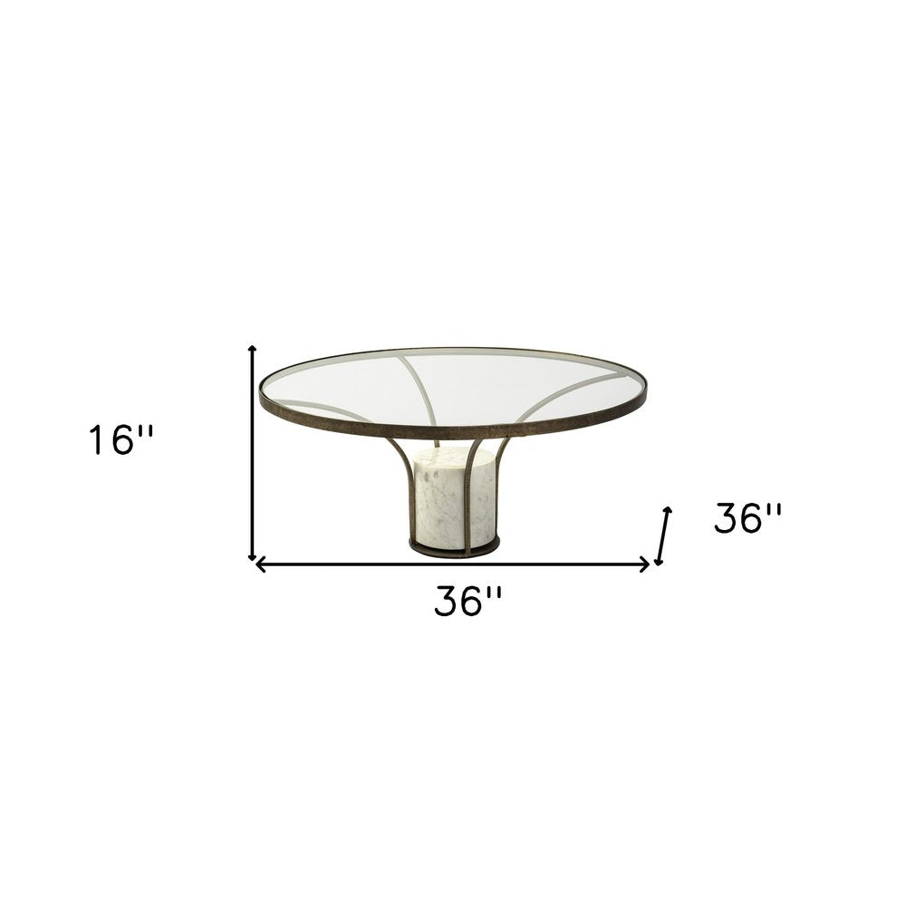 36" Antiqued Gold And White Glass Iron and Marble Round Pedestal Coffee Table