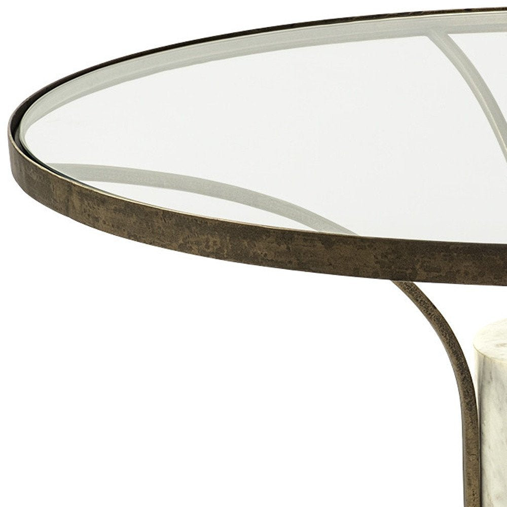 36" Antiqued Gold And White Glass Iron and Marble Round Pedestal Coffee Table