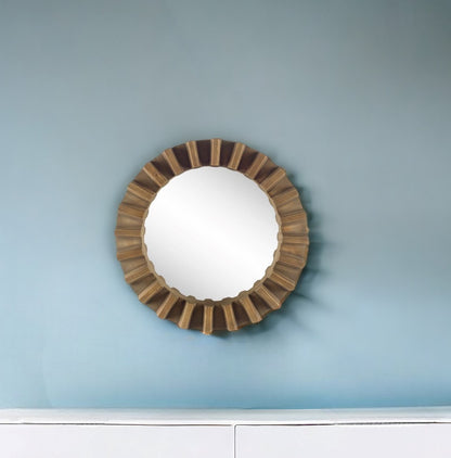 26" Round Brown Wood Frame Wall Mirror