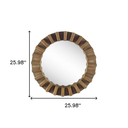 26" Round Brown Wood Frame Wall Mirror