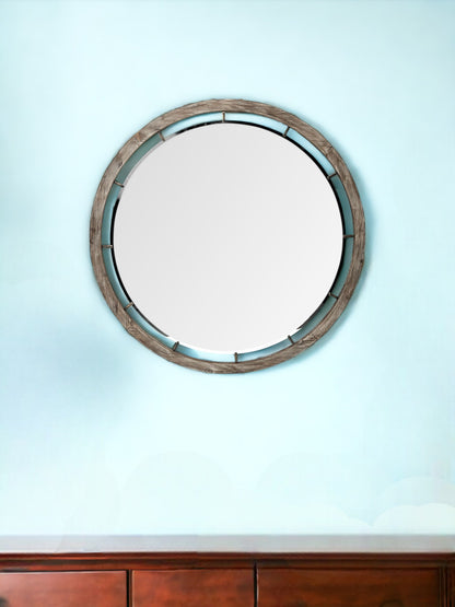 46" Round Brown Wood Frame Wall Mirror