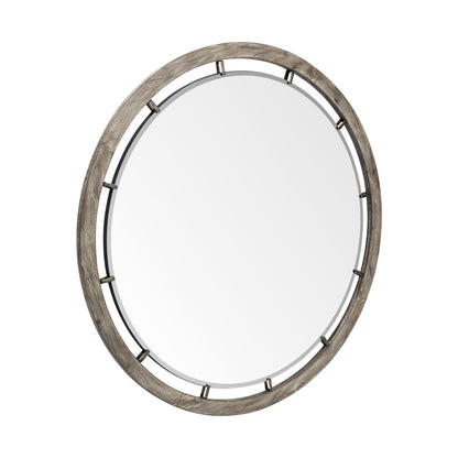 46" Round Brown Wood Frame Wall Mirror