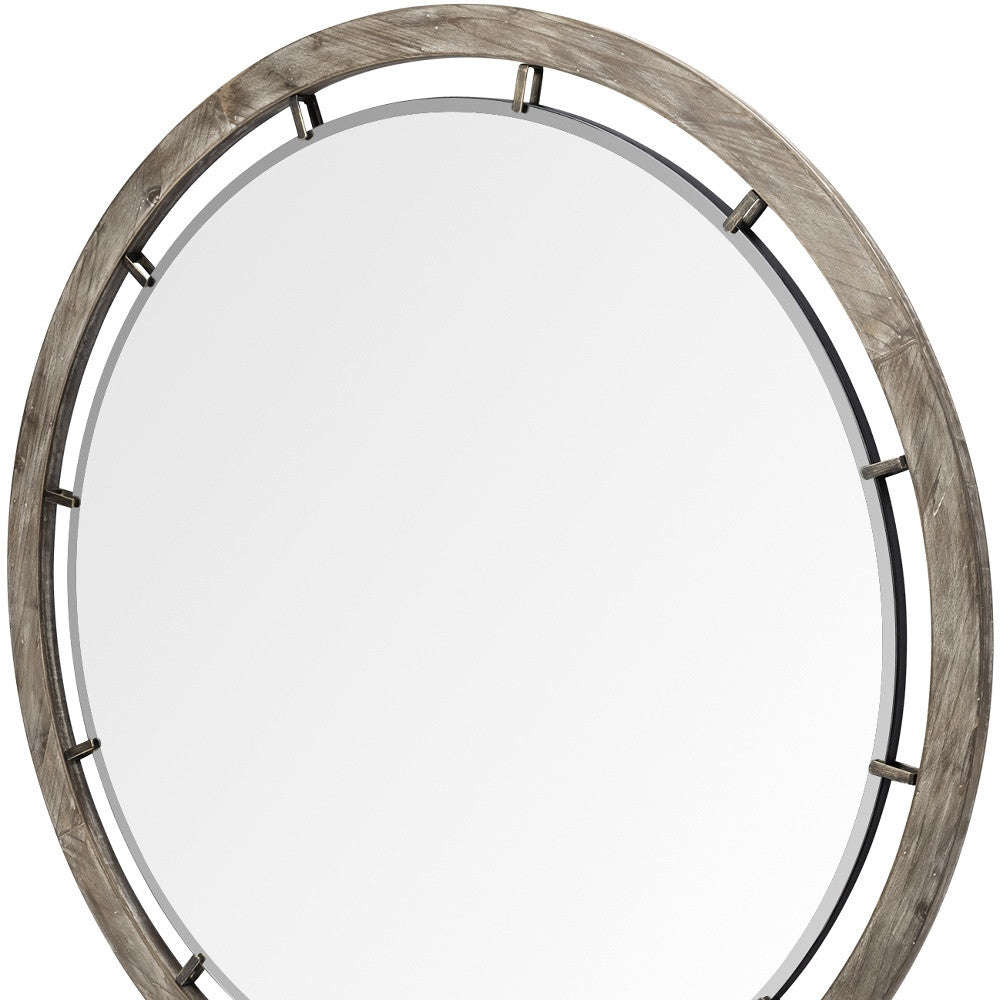 46" Round Brown Wood Frame Wall Mirror