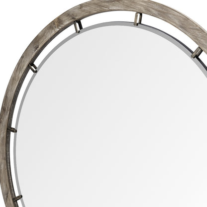 46" Round Brown Wood Frame Wall Mirror