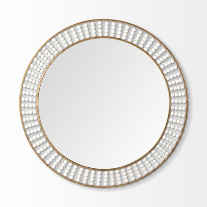 42" Round Gold Metal Frame Wall Mirror With White Wood Beads