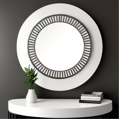 42" Round Black Metal Frame Wall Mirror With Wood Beads