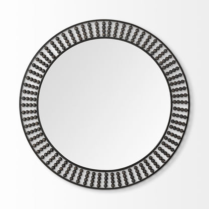 42" Round Black Metal Frame Wall Mirror With Wood Beads