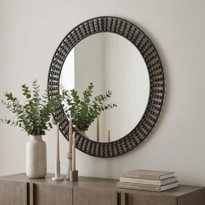 42" Round Black Metal Frame Wall Mirror With Wood Beads