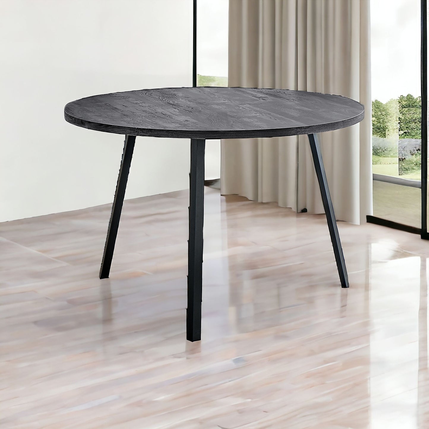 47" Gray And Black Rounded Metal Three Leg Base Dining Table