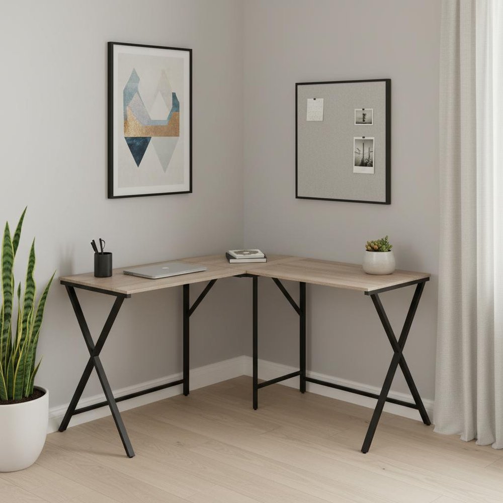 55" Taupe and Black L Shape Computer Desk