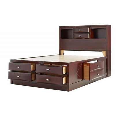 Espresso Multii-Drawer Wood Platform Queen Bed With Pull Out Tray